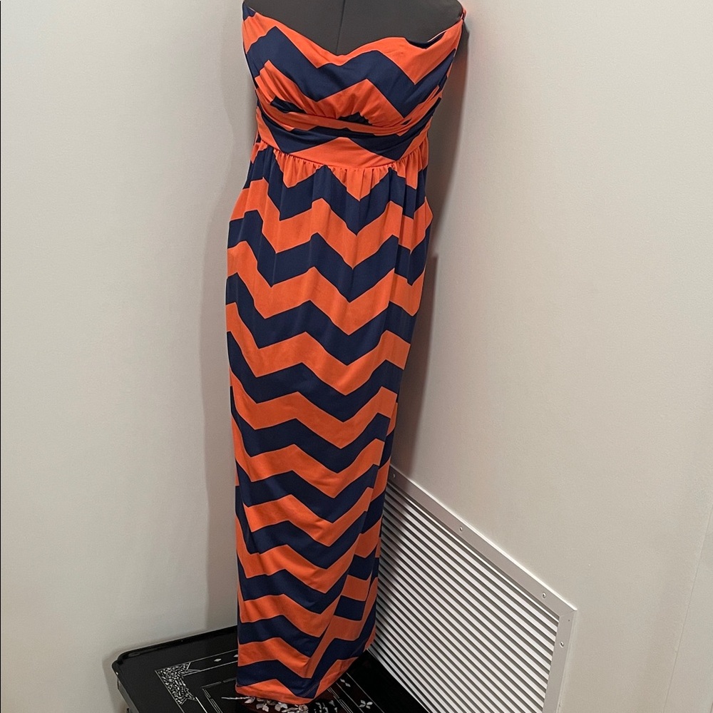 Emerald Sundae Strapless Zigzag Dress With Pockets in Orange and Navy